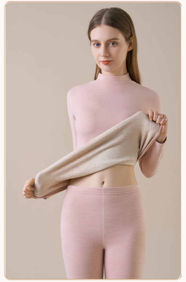 Damen-Thermo-Unterwäsche aus Kaschmirseide, Thermoshirts, warme Hosen, verdickte, einfarbige, halbrollkragenartige Oberteile, langärmlige Winterkleidung. – Detail 18