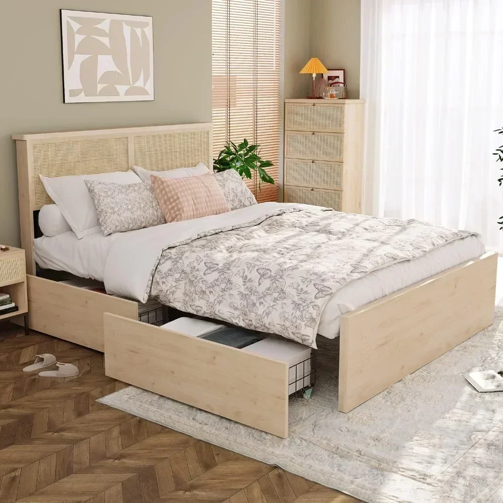 Bed Frame with Natural Rattan Headboard and Wooden 4 Storage Drawers, Metal Platform with Strong Wooden Slats Support, Bed Frame