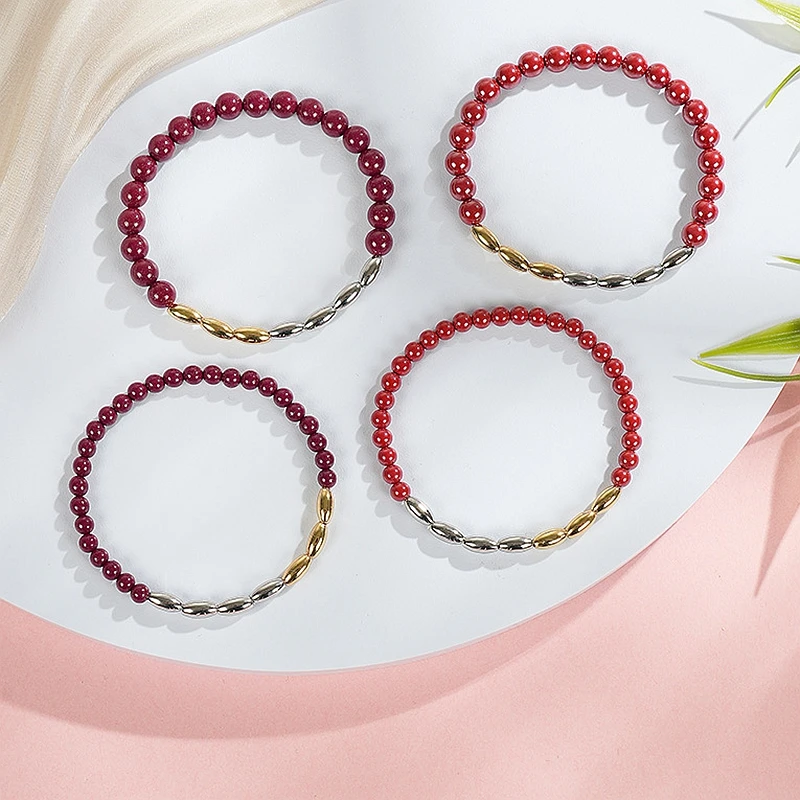 4/6mm Cinnabar Beads Mixed Gold Silver Metal Tube Women Single‑Loop Beaded Bracelet Minimalist Stackable Hand Bangle Jewelry