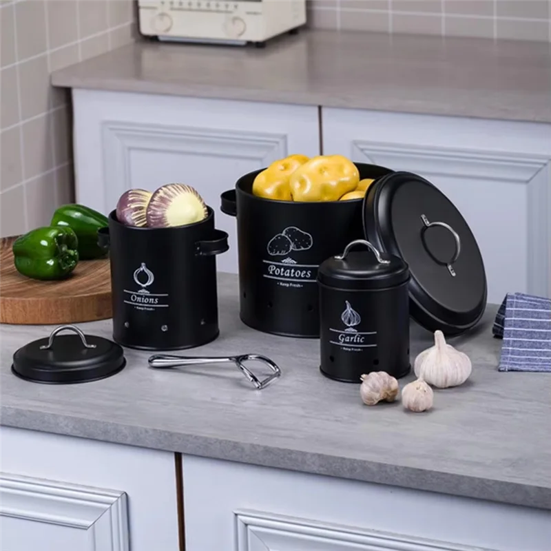 

KYCOR-3Pcs Metal Storage Bucket Set With 360-Degree Ventilation System Large Capacity Multipurpose Garlic Potato Storage Box