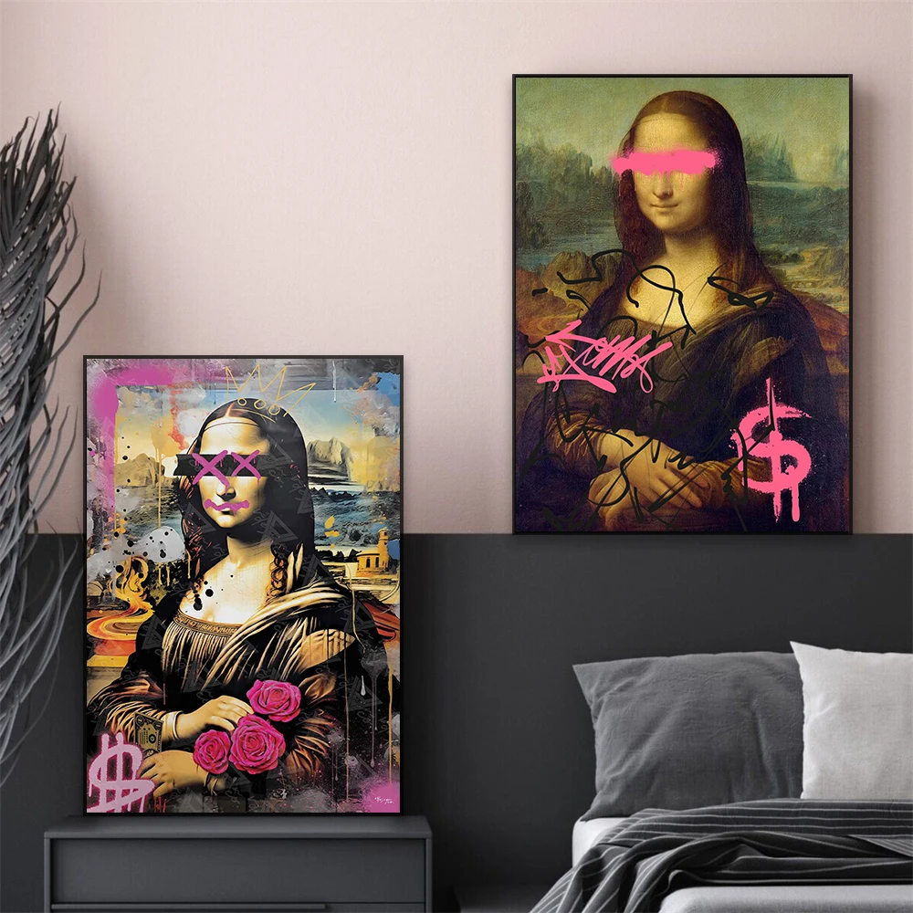 Mona Lisa Print Graffiti Pop Art Canvas Painting Graffiti Print Funny Vintage Altered Portrait Poster Collage Canvas Painting