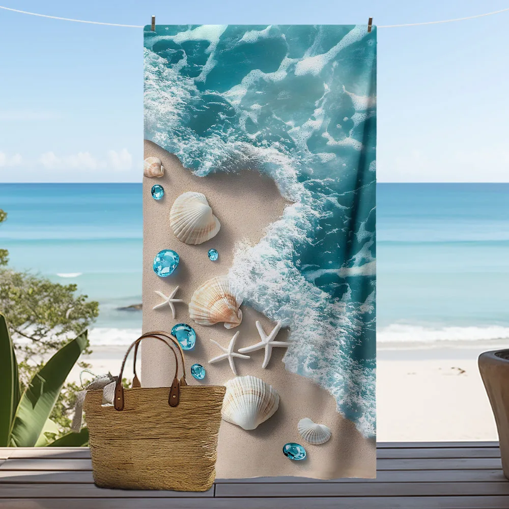 Seashell Beach Towel, Starfish Print, Quick Dry Microfiber, Oversized for Beach, Pool, Travel, Summer Vacation, Coastal Decor