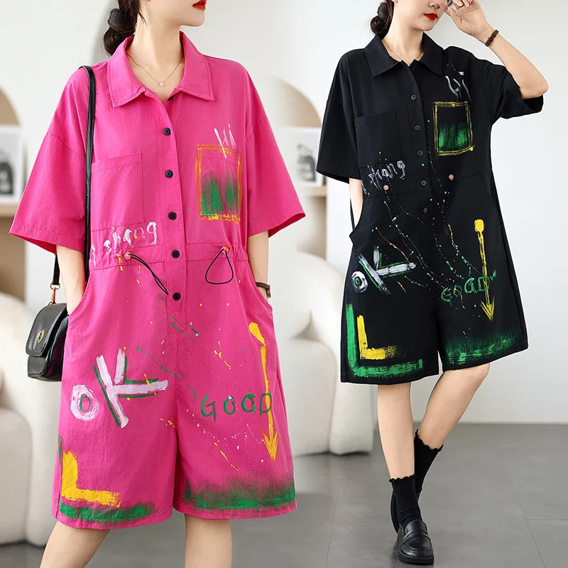 

Summer New plus Size Dstring Pure Cotton ort Pants Jumpsuit for Plump Sister Casual Sle Hand-Painted Meat Concealing