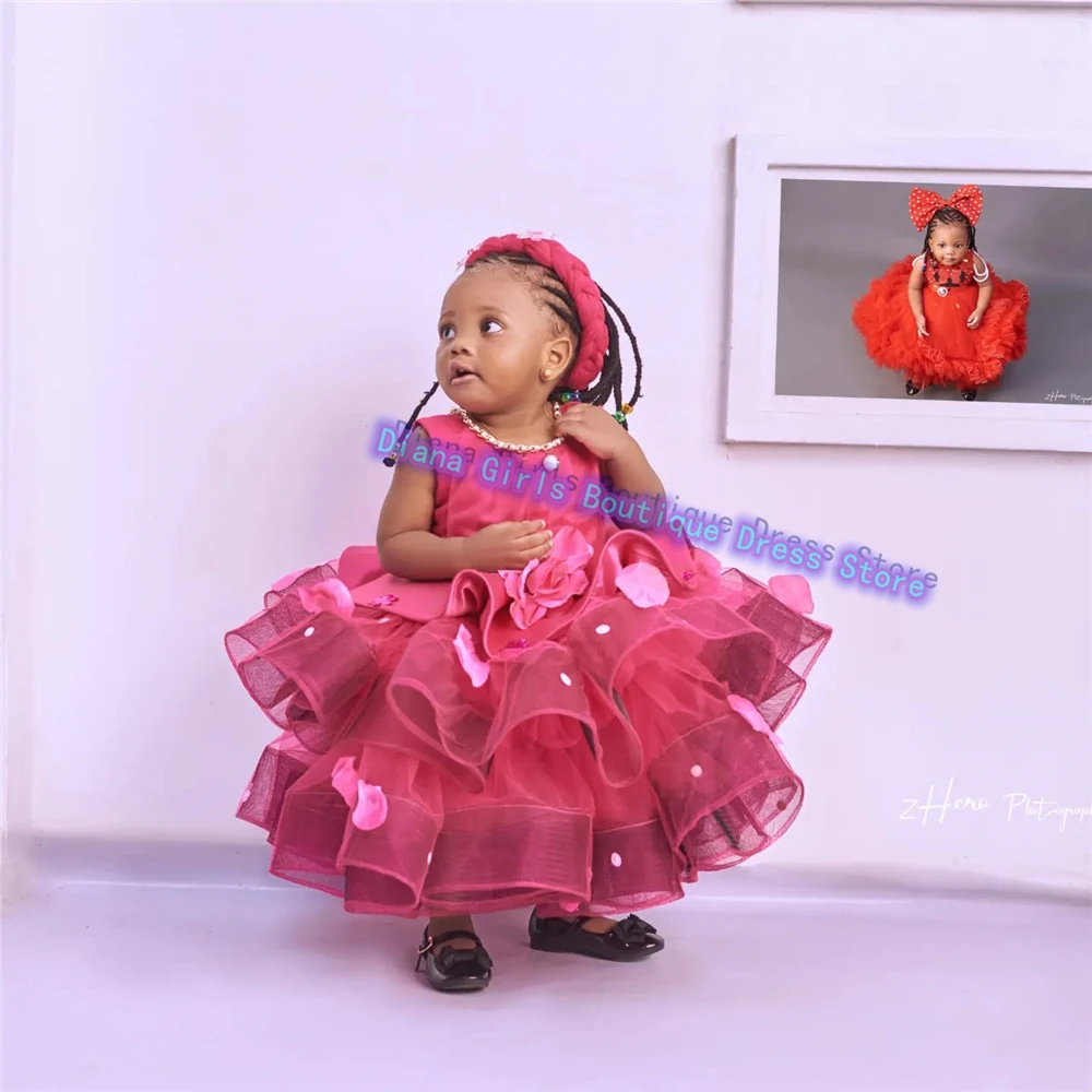 Lovely Red Flower Girl Dress Tulle Fluffy Layering For Wedding Dresses Little Princess Ball Appliques Banquet Customised Gowns