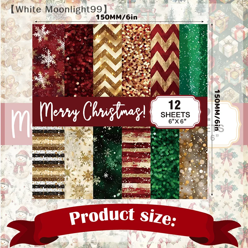 〔White〕Christmas Scrapbook Paper Pad 12 Sheets 6x6 Glitter Confetti Snowflake Single-sided Prints Cardstock 160gsm Acid-free