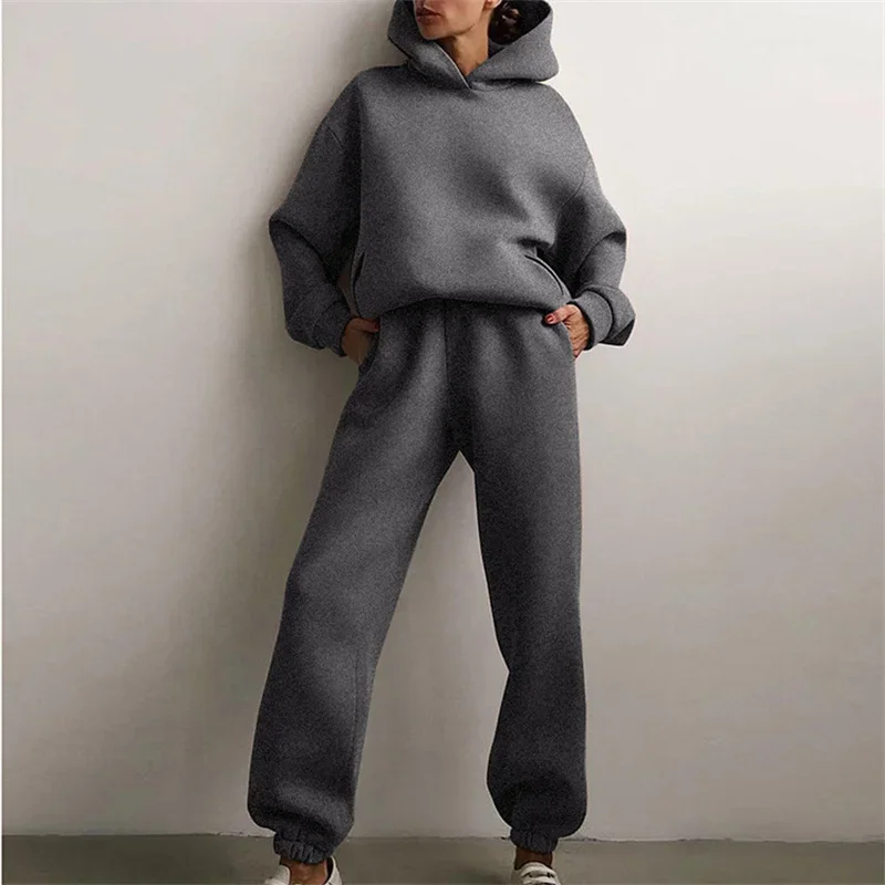 Women\'s Tracksuit Suit Autumn Fashion Warm Hoodie Sweatshirts Two Pieces Oversized Solid Casual Hoody Pullovers Long Pant Sets