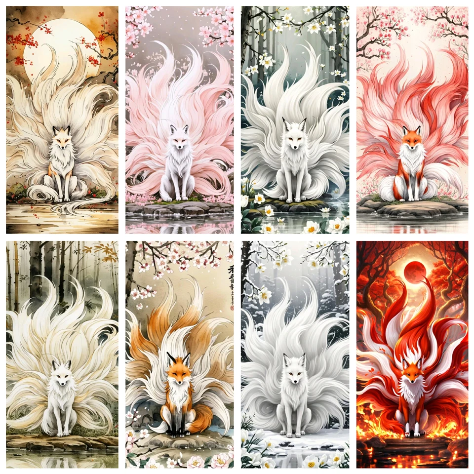 Алмазная живопись большого размера, вышивка крестиком, девять хвостов, лиса, 5D «сделай сам», полная мозаика, вышивка, фантазия, животные, картина, украшение для стен