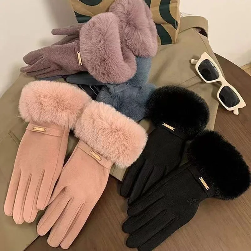 Guantes de moda para mujer, manoplas cálidas peludas bonitas para otoño e invierno, manoplas con dedos completos para mujer, guantes deportivos a prueba de viento para ciclismo al aire libre