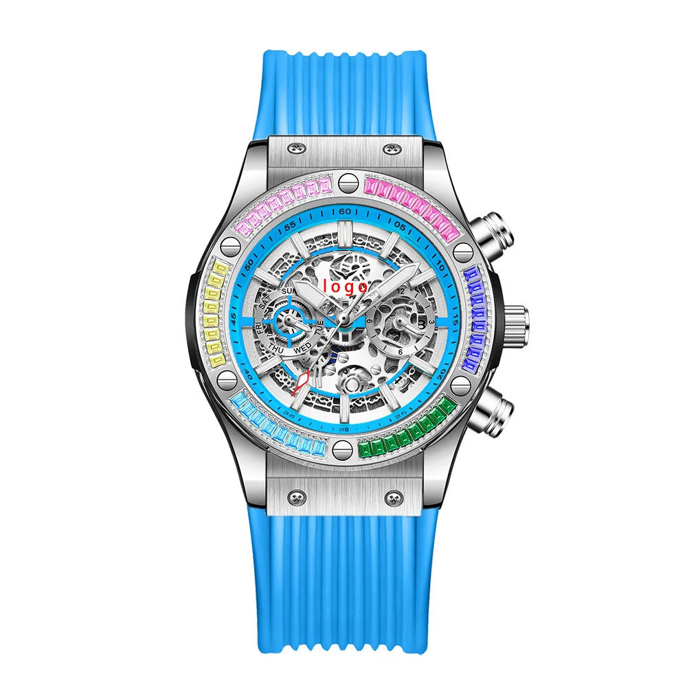 

Fashion Analog Skeleton Mechanical Watch Rainbow Diamond Automatic Watches