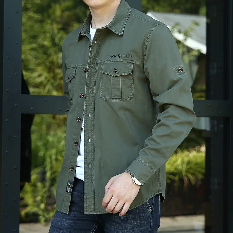 

Spring And Autumn Loose Tooling Shirt Middle-aged And Young Casual Lapel Pure Cotton Solid Color Overalls Large Size Shirt