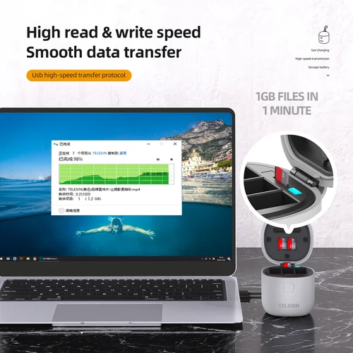 Imagen 2 del producto TELESIN-cargador portátil para GoPro Hero 12 11 10, batería de 3 ranuras, caja de carga impermeable anticaída de silicona con lector de tarjetas TF