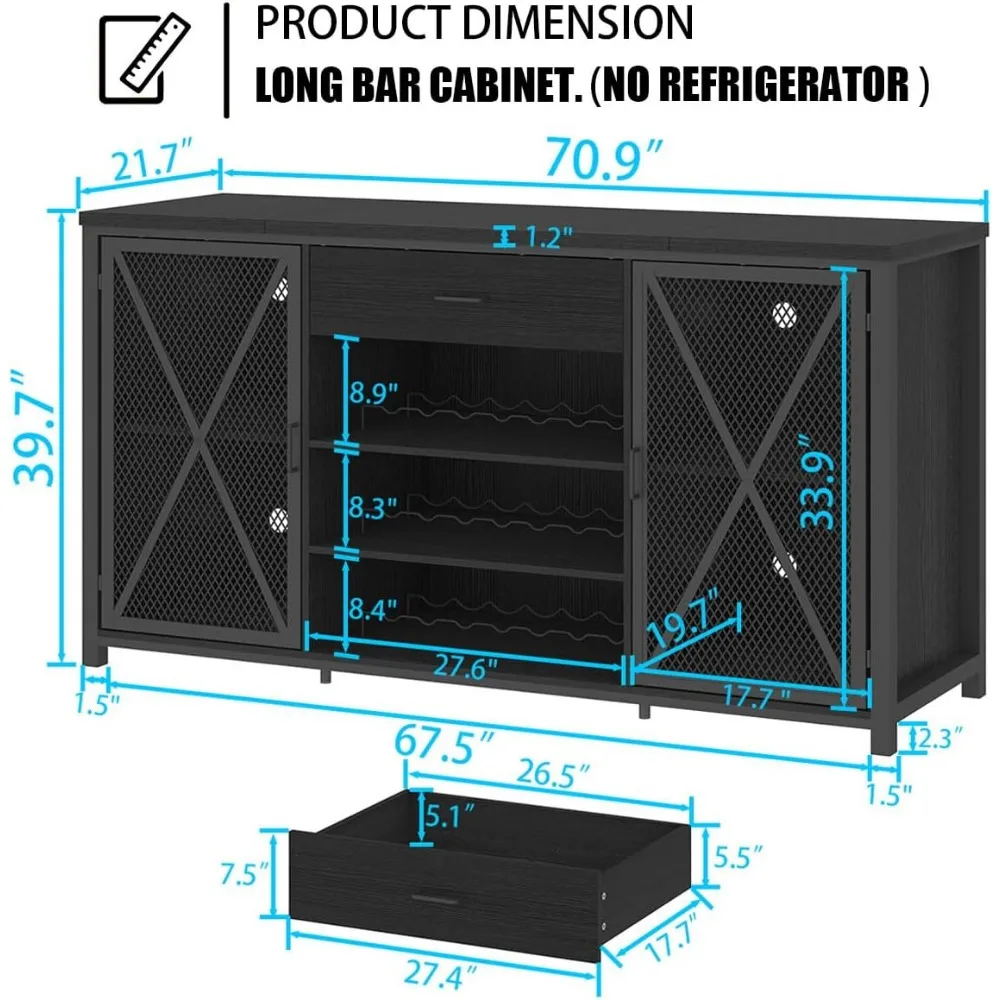 Langer Kaffee-Barschrank mit Kühlschrankraum, moderner großer Wein- und Spirituosenschrank aus Holz und Metall mit Gestell