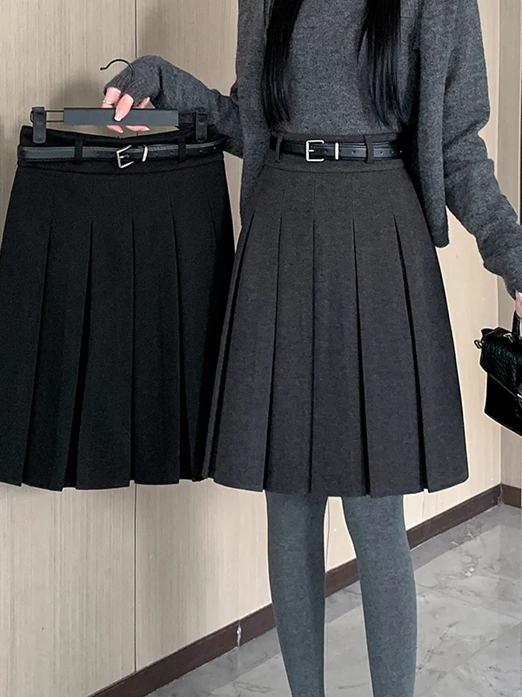 

High Waist A-Line Midi Skirt Women's Plaid Pleated Woolen ay Skirts Autumn Winter New Sle College Sle f-length Skirts