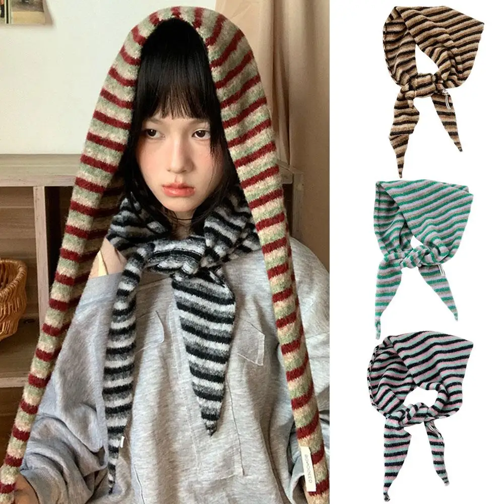 多機能暖かいスカーフ グラデーションストライプ ヘッドスカーフ ウールブレンド 三角スカーフ ニットショルダーショール 高級DIYネックチーフ