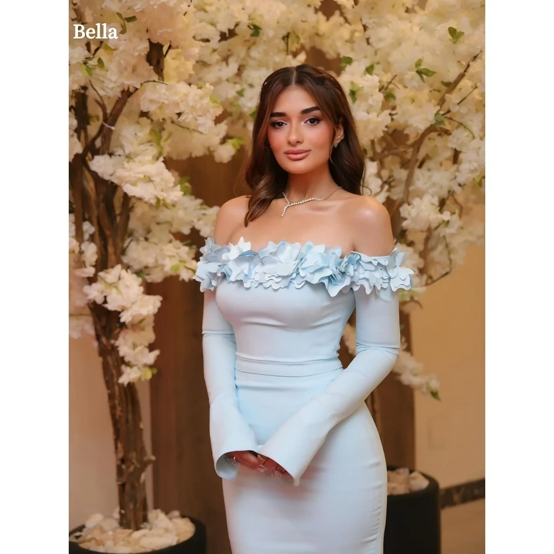 Sukienki wieczorowe Bella, niebieskie kwiaty, odkryte ramiona, krój syreny, długie rękawy, sukienki na imprezę, długość do podłogi, sukienki na studniówkę 2025