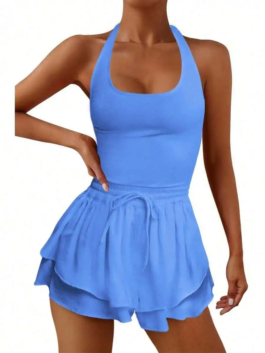 

Women Sporty Romper Sleeveless Halter Top With Drawstring Layered Shorts