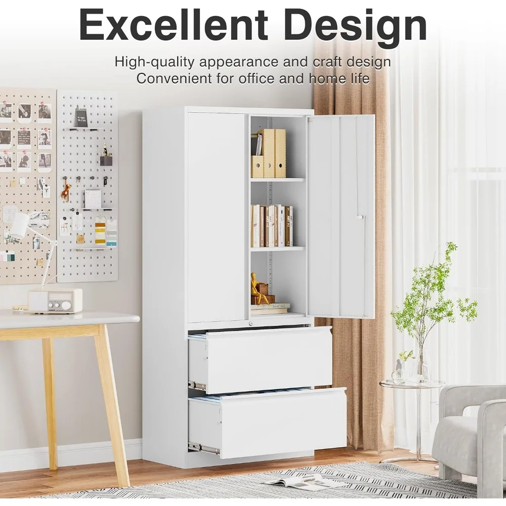 Locking White 2-Drawer Lateral Filing Cabinet with Shelf, Secure Metal Storage for Office Documents
