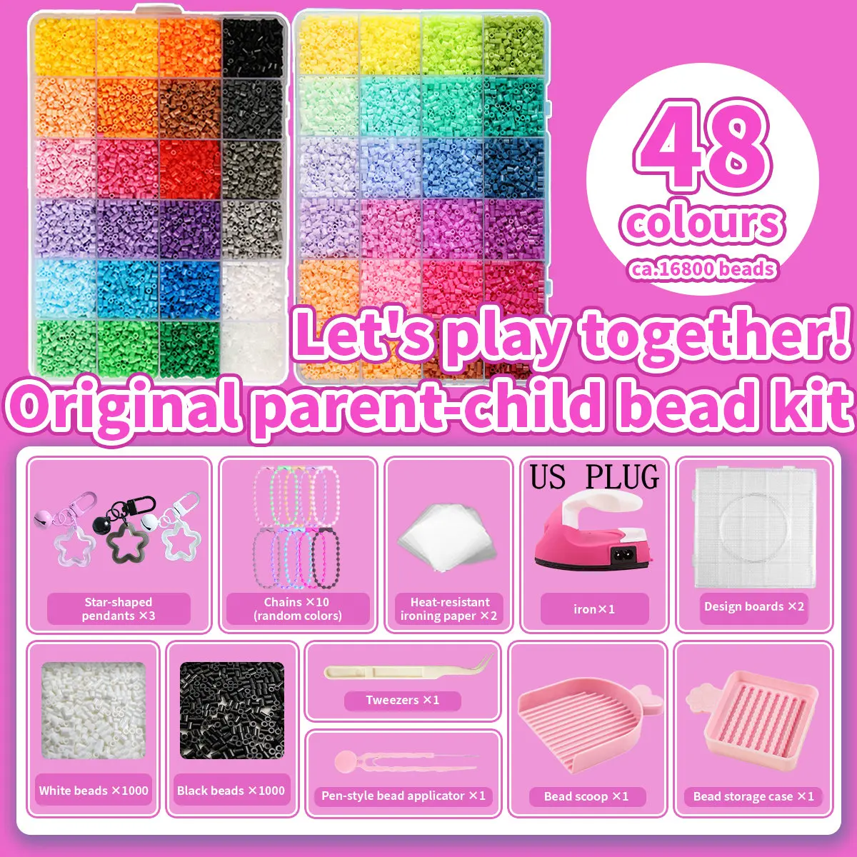 2,6mm Bügelperlen-Set 144 Farben All-in-One Mini-Perlen-Set mit Steckplatten, Mini-Bügeleisen, Pinzette Pixel-Art DIY Bastelset für Erwachsene