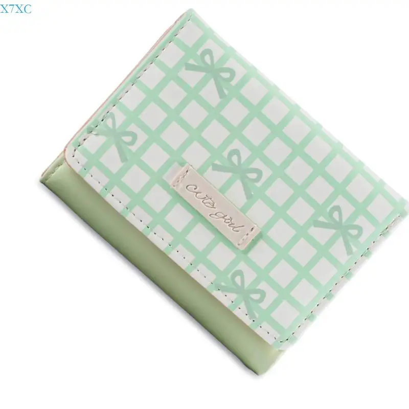 X7XC Stylish Short Purse Striped Texture PU Leather Bows Detail Compact Cash Pocket
