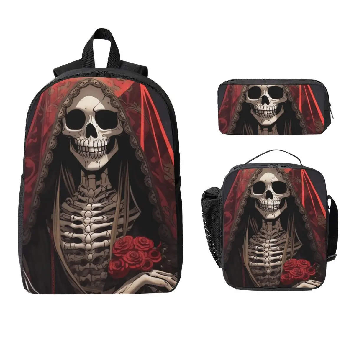 

Saint Death Goth Mexican Muertos Skull Backpack BookBag School Bag Computer Shoulder Bags 3ps Insulated Lunch Bag Pencil Case