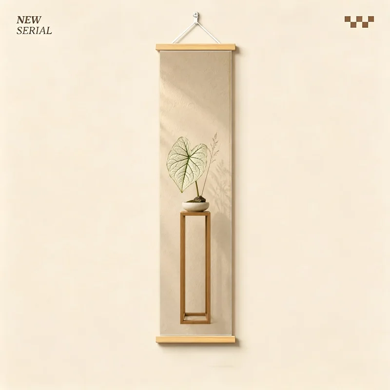 Botanical Wall Art 4-Panel Green Leaf Vase Hanging Scroll Set on Beige Silver Shimmer Canvas for Serene Living Room Decor