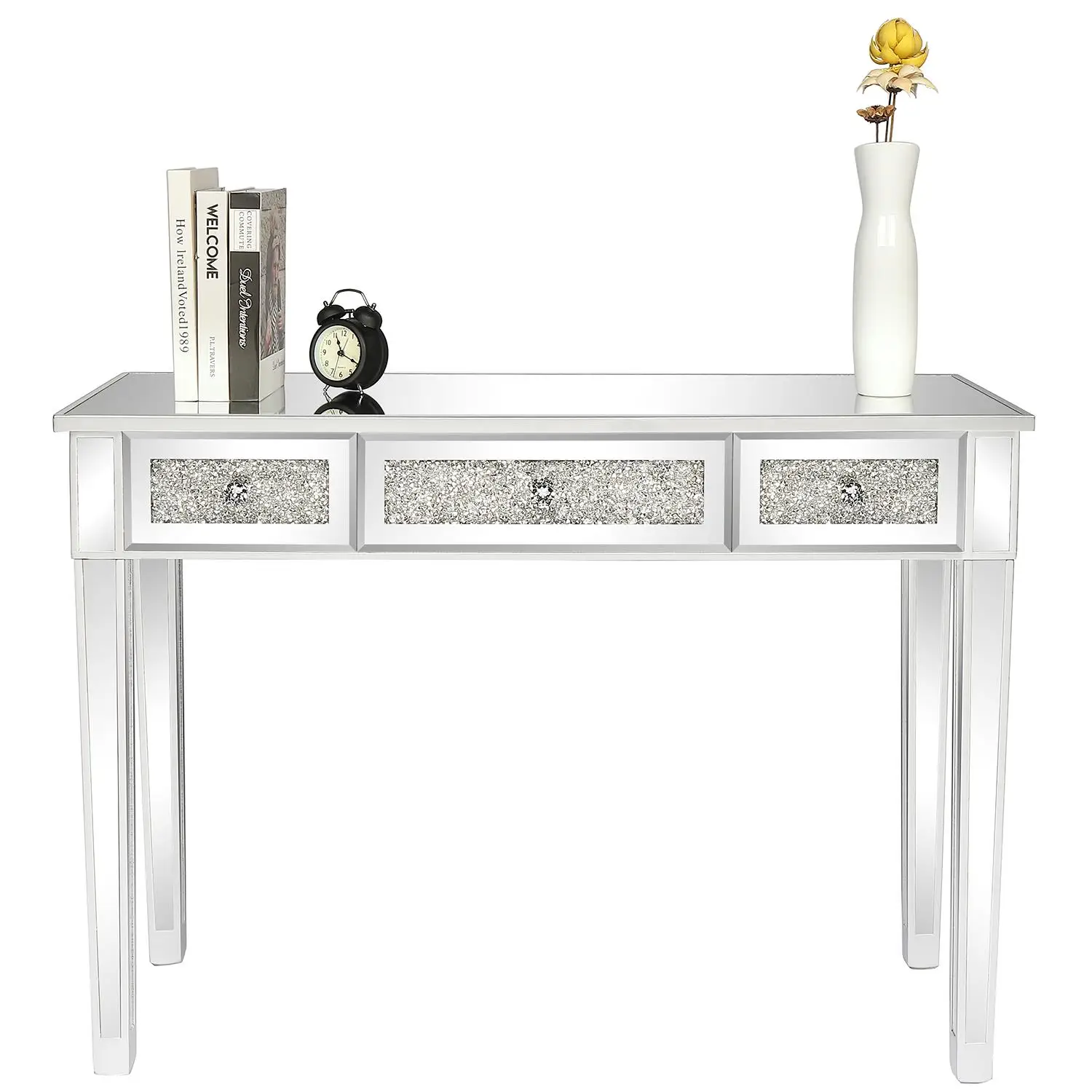 Modern Silver Computer Desk with Mirror Finish & Three Pumping Glass Accents