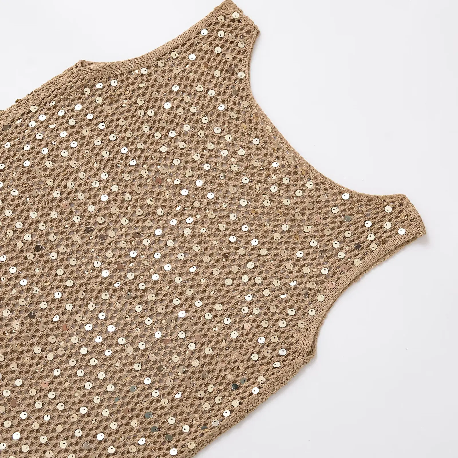 

Topenomi Luxury Sequin Hollow Out Vest Women 2025 Summer Fashion Slim Fit Sleeveless Crop Top Vintage Versatile Outerwear Tanks