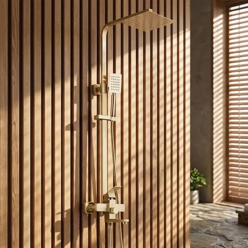 Brushed Gold Square Rain Shower System 304 Stainless Steel Hotel Use Ceramic 3 Functions Wall Mount Shower Set Hand Sprayer view 4