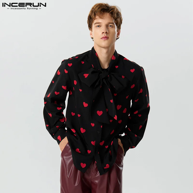 INCERUN Tops 2023 American Style New Men\'s Personality Love Bow Tie Design Shirts Casual Fashion Love Pattern Print Blouse S-5XL