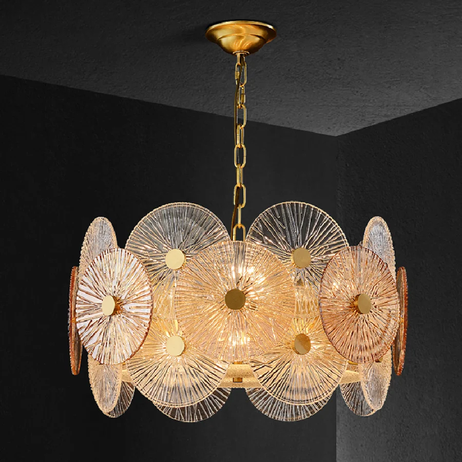 Post Modern Round Metal Led Pendant Lights Glass Sheet Chain Hanging Lamp Luxury Living Room Led Droplight Lustre Gold Lamparas