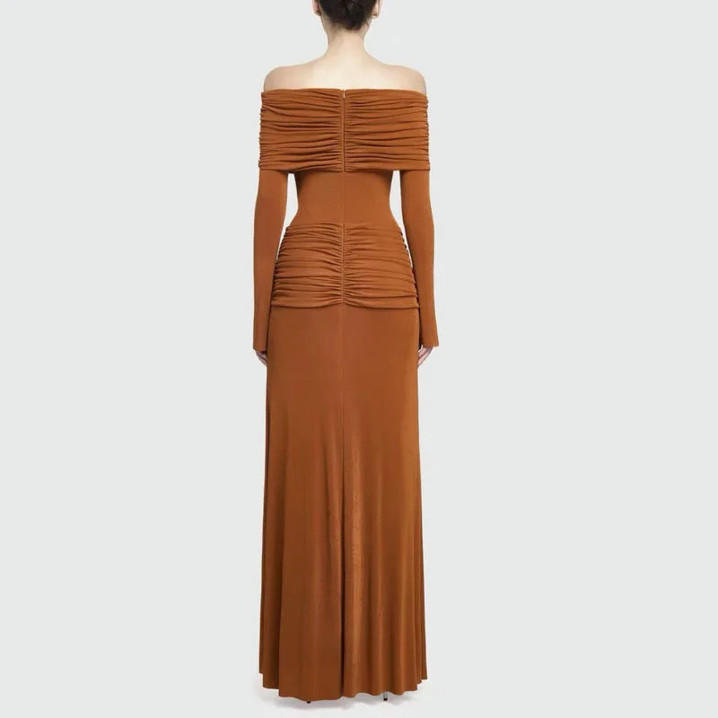 HKSH ربيع وصيف جديد إمرأة شيك أنيق موضة مساء فستان مائل الرقبة مطوي الصدر التفاف بلون فستان الحفلات HK5309