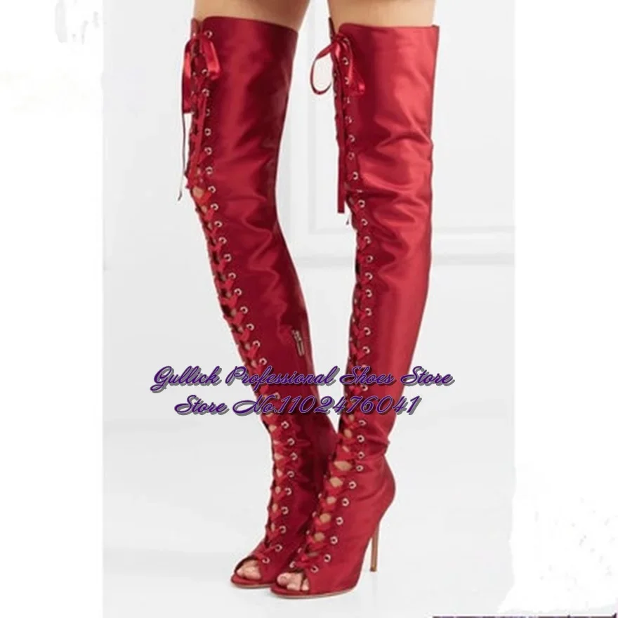 Women Champagne Satin Cloth Stiletto Heel Over The Knee Boots Open Toe Ribbon Cross Strap Lace-Up Sandal Boots Thigh High Shoes