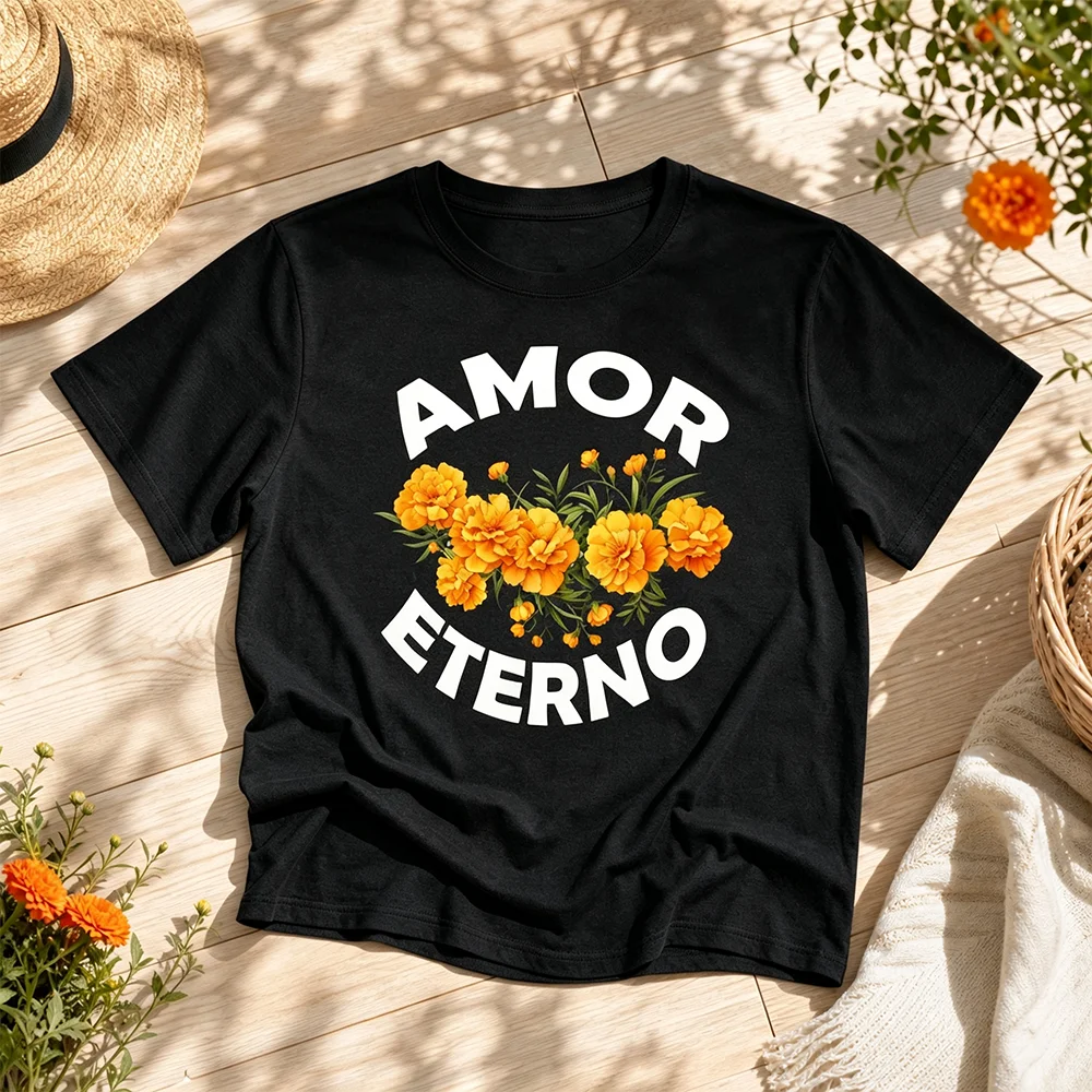 Unisex Breathable Mexican Marigold Flower Graphic Tee Short Sleeve Parent-Child Day of the Dead Floral Summer Round-Neck Top
