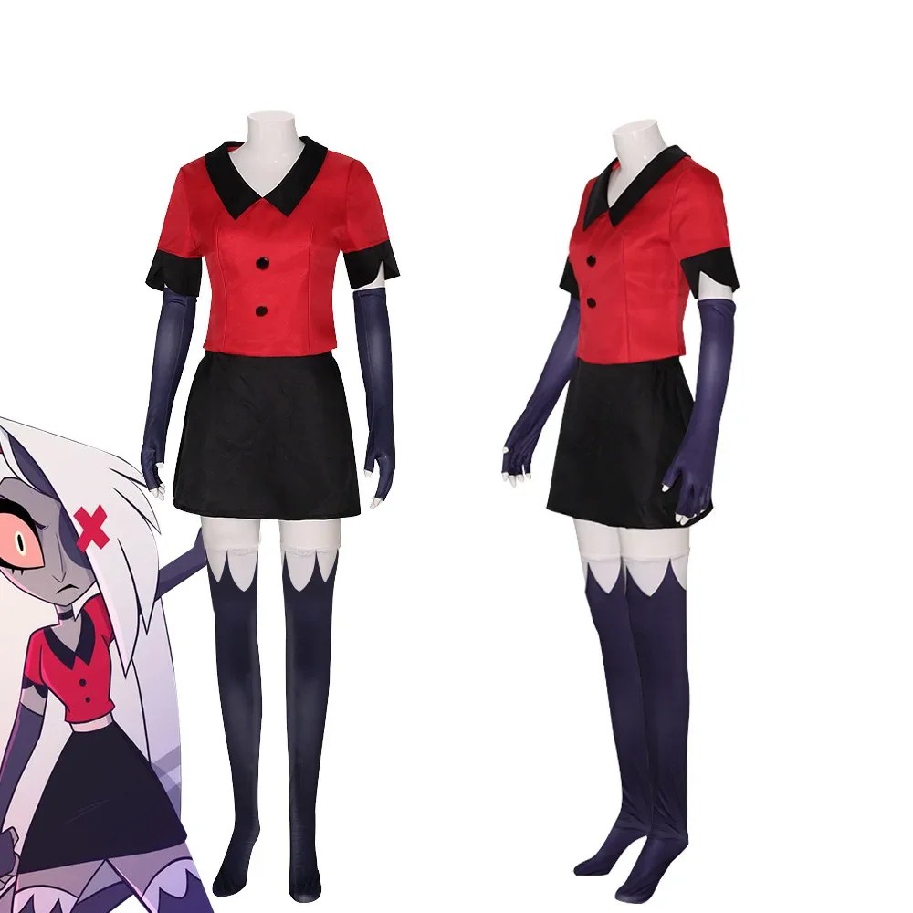 

Anime Hazbin Cosplay Hotel Vaggie Cosplay Costume Red Uniform Top Skirt Gloves Socks Full Set Suits for Adult Party Fancy