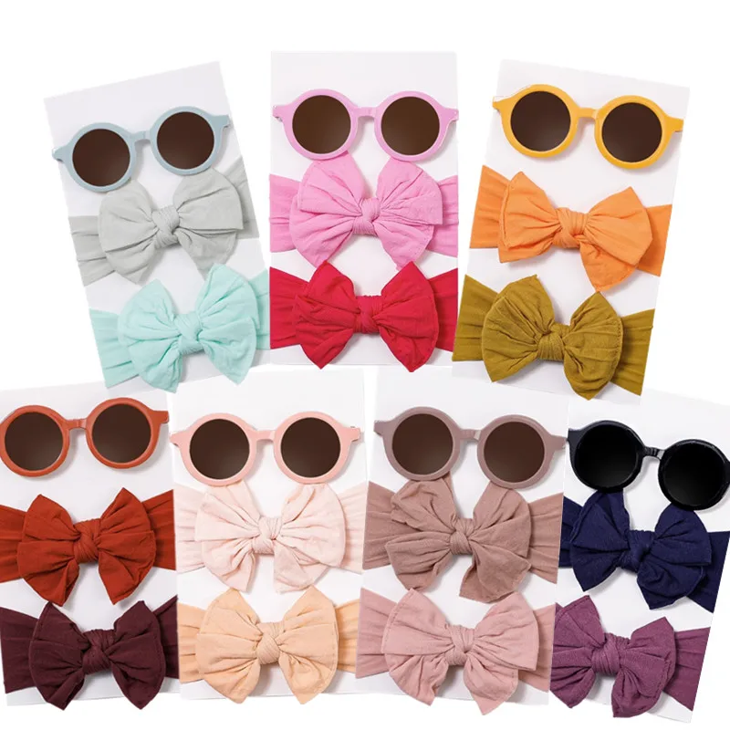 

1 Set Cotton Baby Headband+Sunglasses Solid Color Elastic Bow Baby Girls Hair Band Kids Summer Sunglasses Kid Hair Accessories