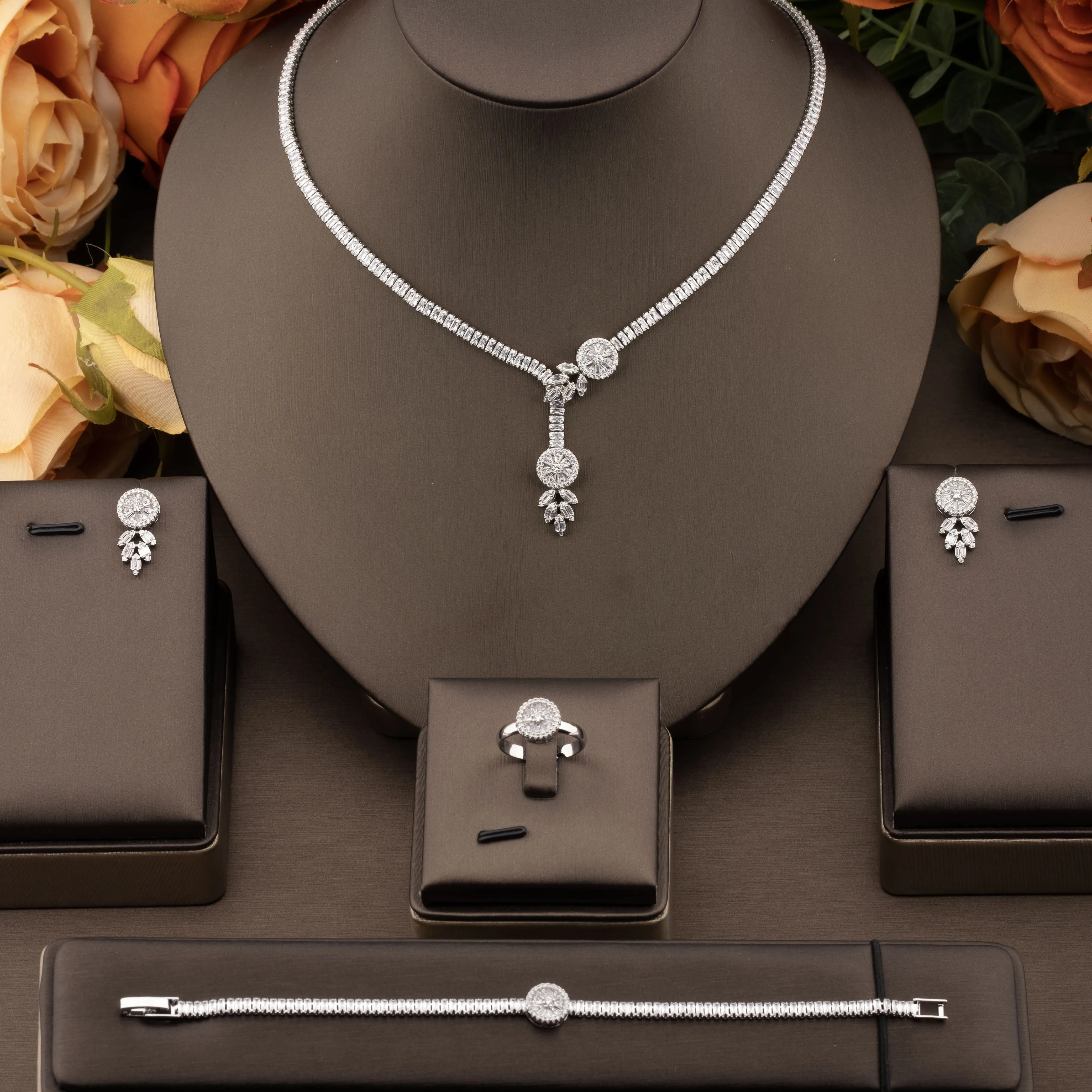 1 set of luxurious jewelry set with sparkling cubic zirconia button design, suitable for women to wear at weddings and banquets. Gift box not included