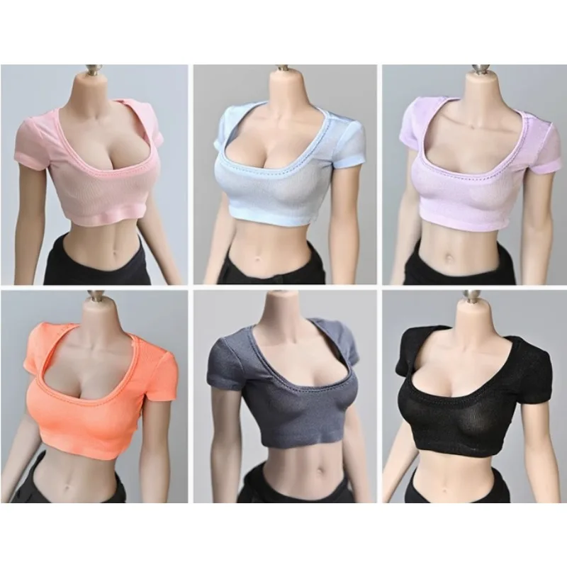 1/6 Scale Pleated Top Wide Neck Short Waist Exposed T-shirt Tops Tight Fitting Doll Clothes for 12