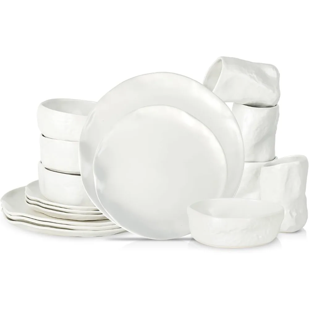 

Stone by Mercer Project Atik Modern Stoneware 16-Piece Dinnerware Set, Plate and Bowl Set, Dish set for 4, White