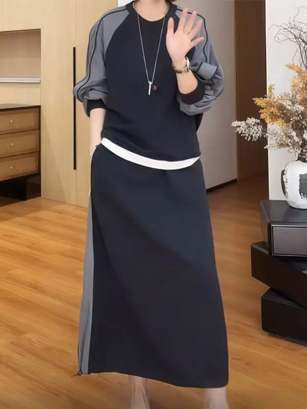 

Комплект из двух предметов: повседневный топ с круглым вырезом и юбка с высокой талией, большие размеры, осенняя мода