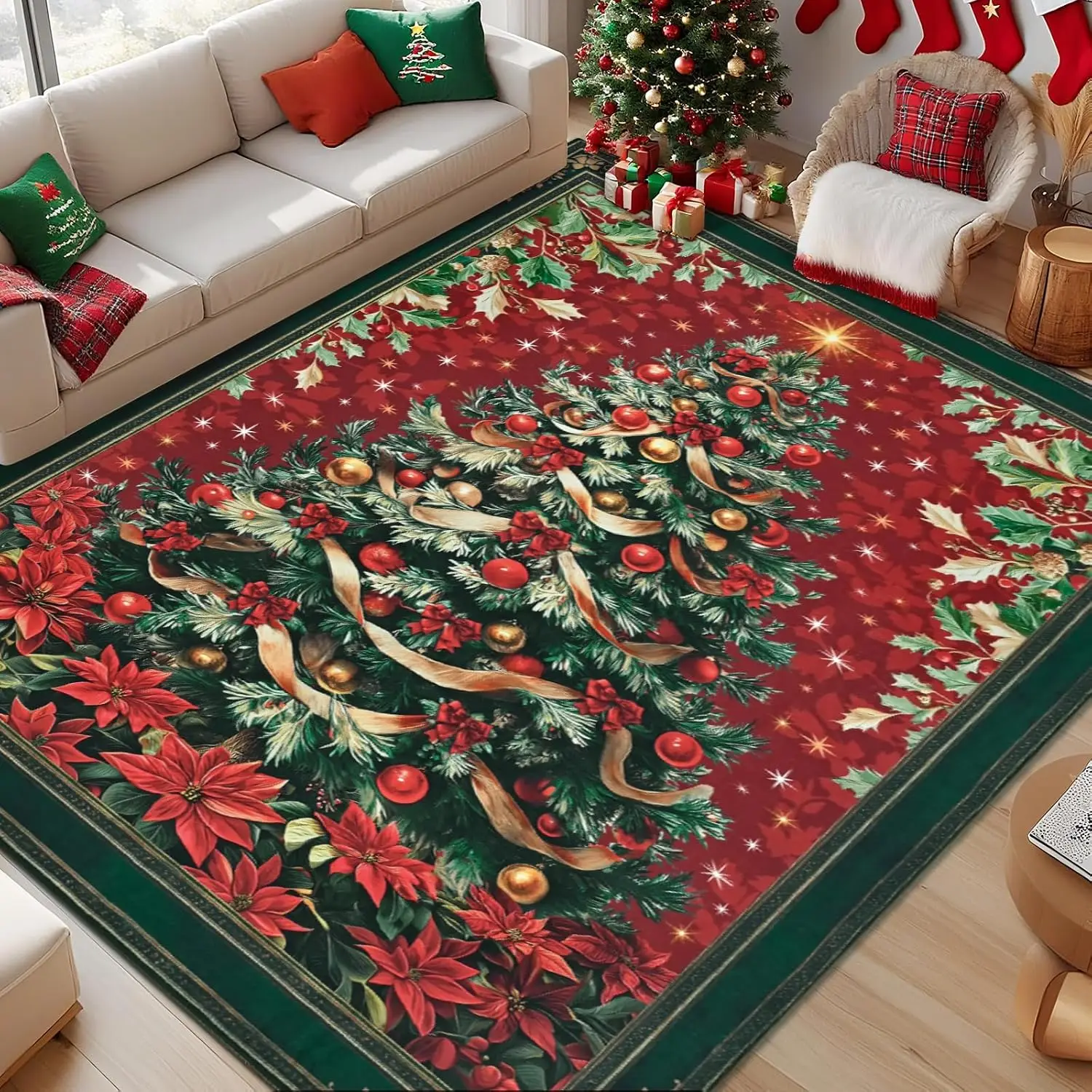 1pc 2D Flat Red Background Christmas Tree Poinsettia Printed Floor Mat, Decorative Rug for Living Room, Bedroom, Home