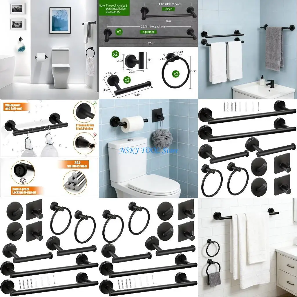 

L8RC Stainless Steel Bathroom Hardware Set Towel Rack Adhesive Towel Rings Robe Hook Toilet Paper Holder kitchen Towel Rod