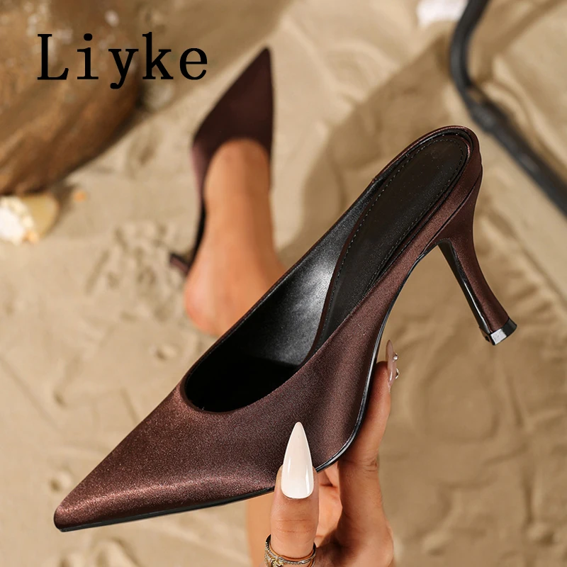 

Liyke 2026 New Summer Concise Silk Pointed Toe Women Slippers Fashion Thin Low Heels Party Pumps Mules Slides Shoes Sandal Brown