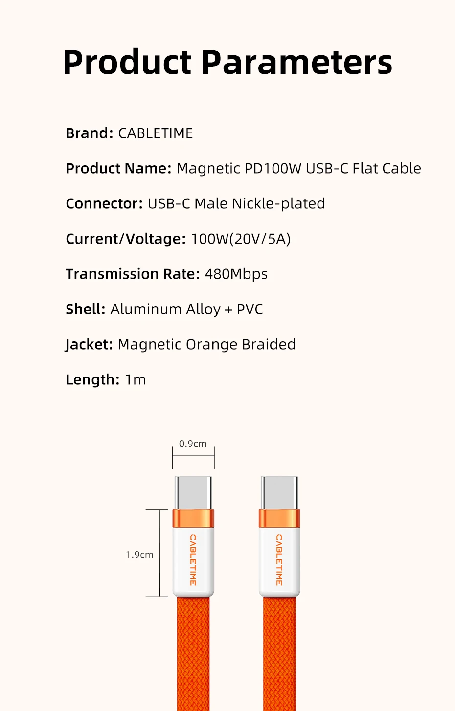 CABLETIME USB-C Kabel Magnetisches Typ-C Kabel PD100W 480Mbps Flachkabel Hochgeschwindigkeitsübertragung für HUAWEI Xiaomi iPhone 17/16 C-Kabel – Detail 16