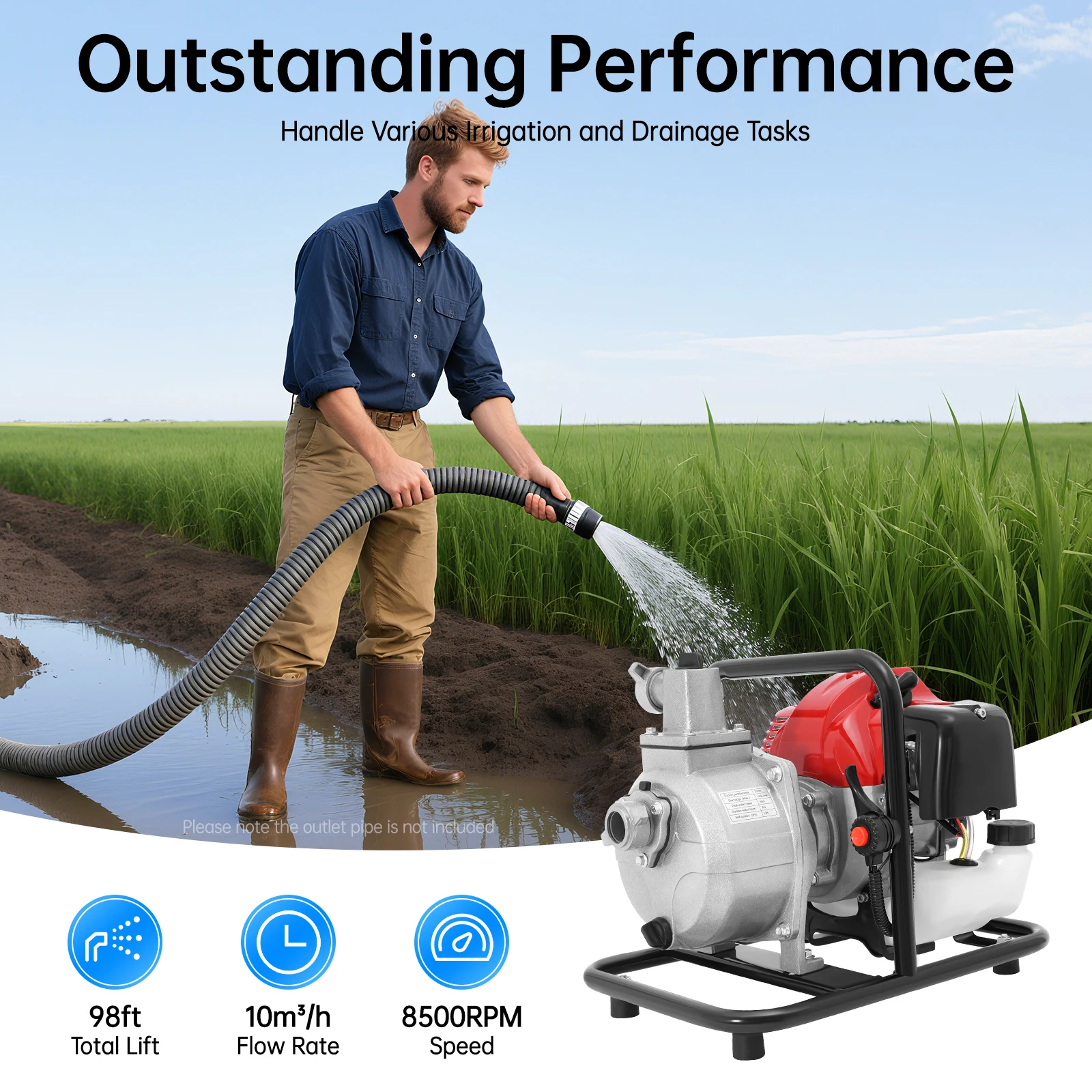 2-Stroke Water Pump with 2m Water Inlet Pipe 43cc 1.25kw Air-cooled Portable Water Pump for Tank Filling Sprinkler Washing