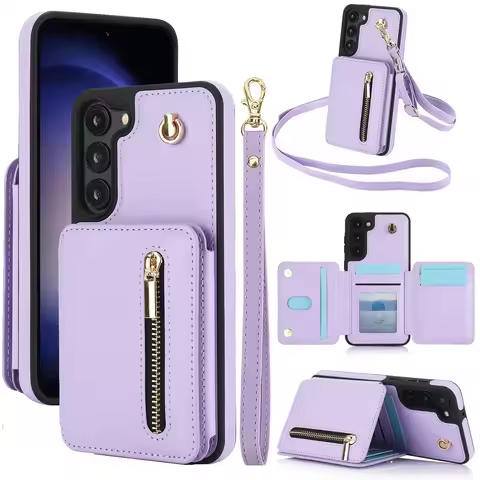 Crossbody Lanyard Zipper Cards Solt Case For Samsung Galaxy S24 Ultra S23 S22 Plus S25 A55 Kickstand Card Bag Pocket Purse Cover