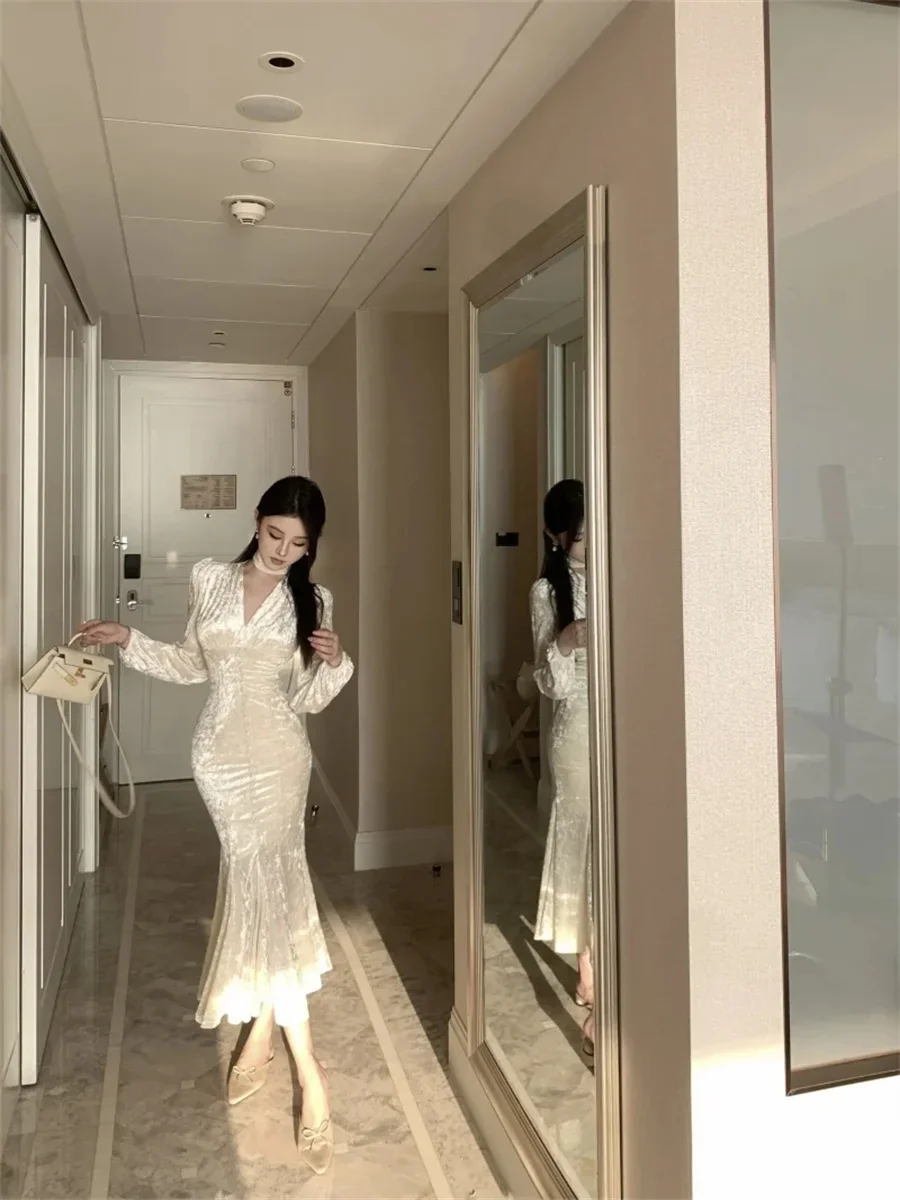 

V-neck Fishtail Dress Female Clothing Robe Elegant Luxury Midi Dresses for Women Spring Fashion Vintage Evening Party Slim Sexy