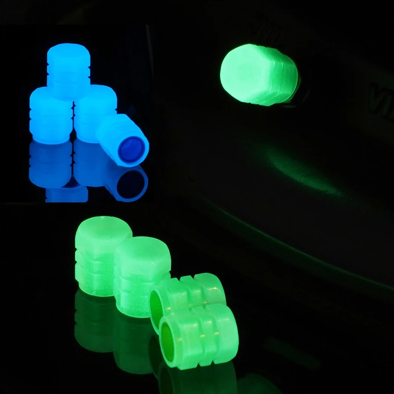 4 Universal Fluorescent Luminous Tire Valve Stem Covers Car Tire Valve Cap Green /Yellow/Blue/Red Fluorescent Powder