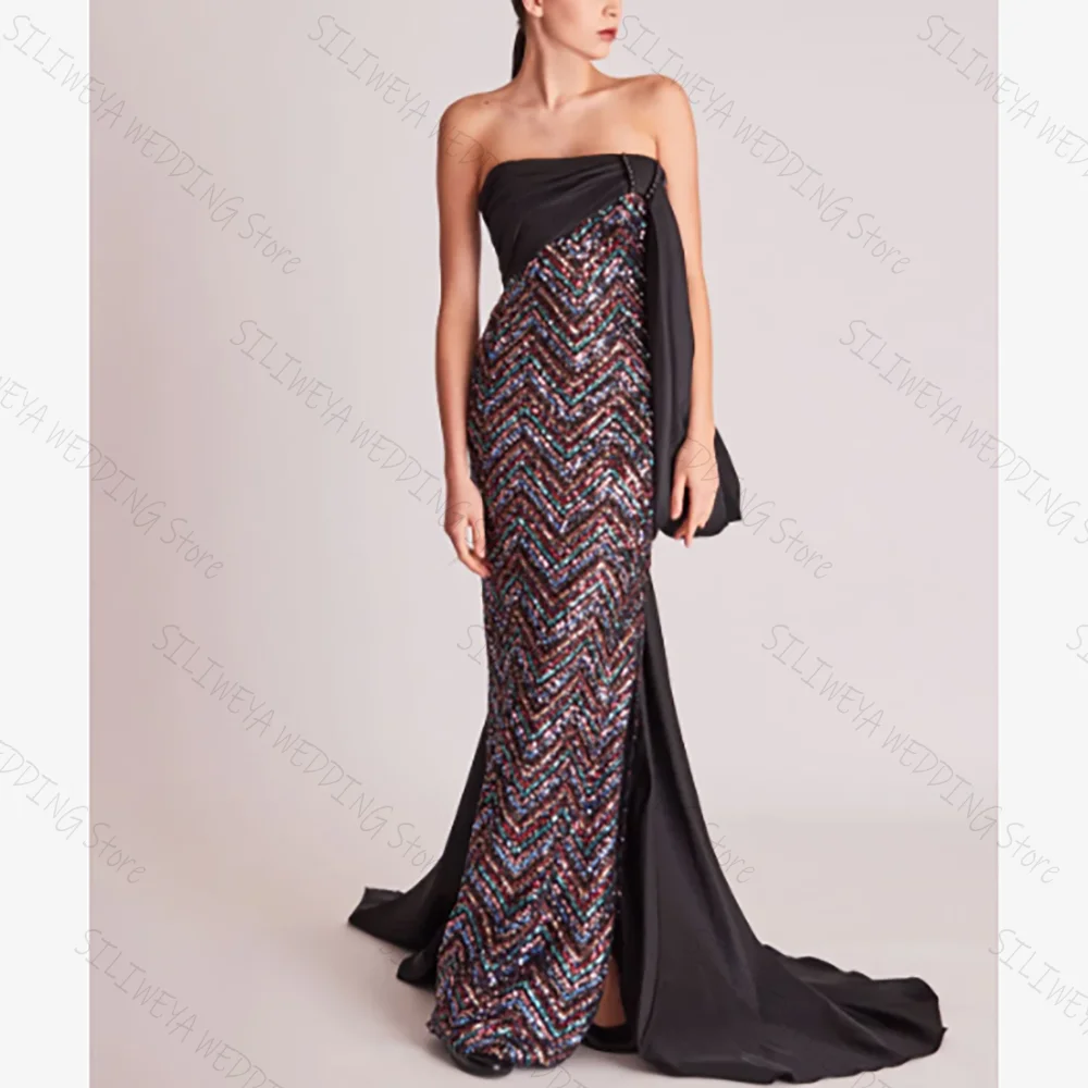 

Luxury Strapless Slit Chic Prom Dresses Straight Sleevesless Floor-Length Female Party Evening Gown