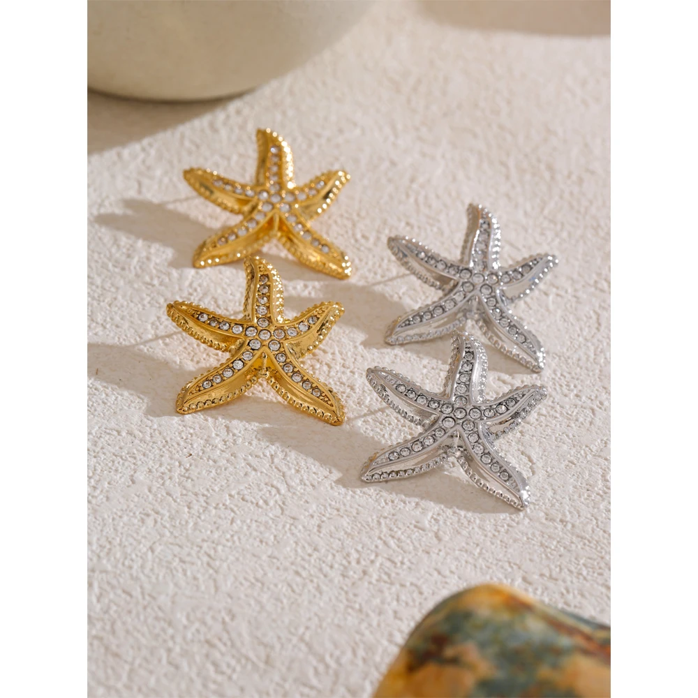 Yhpup Ocean Summer Style Cubic Zirconia Metal Starfish Stud Earrings Stainless Steel Statement Fashion Waterproof Jewelry Gift