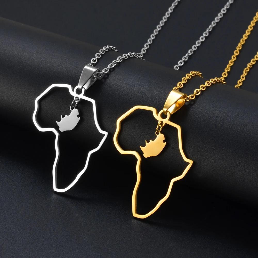 Anniyo South Africa and Africa Maps Together Pendant Necklaces for Women Men Stainless Steel Jewelry South African @298521